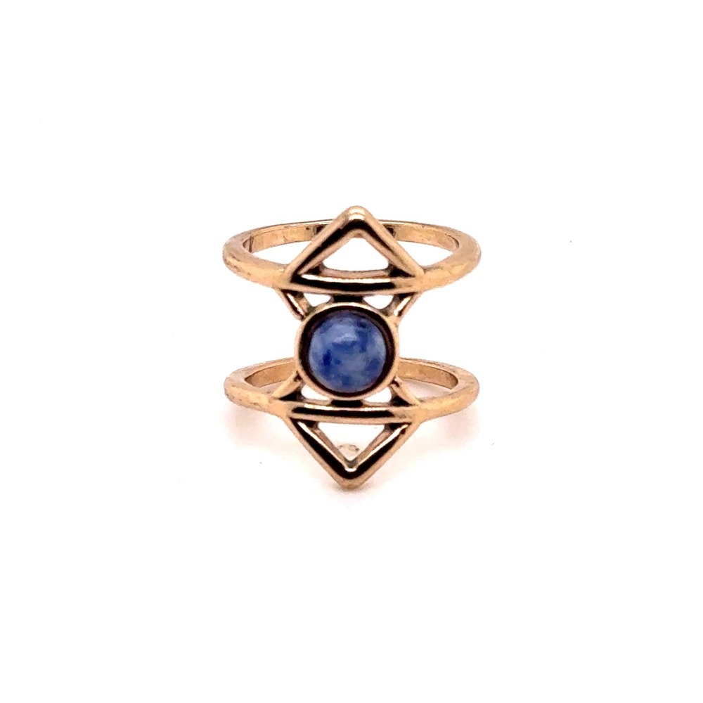 Gold Tone Geometric Triangle Double Band Ring Blue Stone Size 6